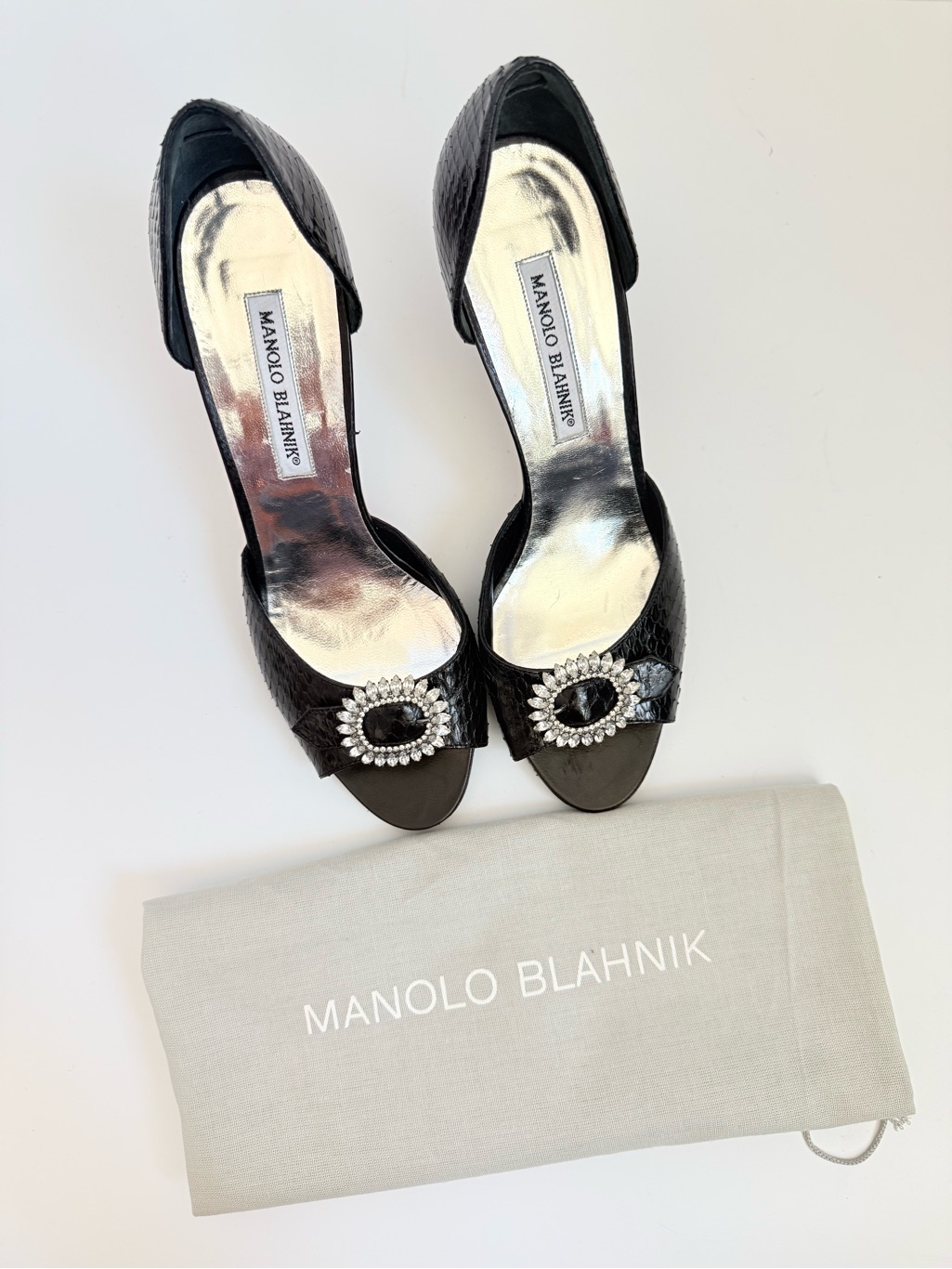 Manolo Blahnik Sedaraby Black Python Snakeskin Crystal Buckle D’orsay Heels 38.5
